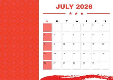 Free Red White July 2026 Calendar Template to Edit Online