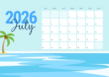 Free Beach July 2026 Calendar Template to Edit Online