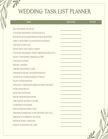 Free Wedding Task List Planner Template to Edit Online