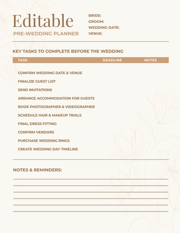 Free Editable Pre-Wedding Planner Template to Edit Online