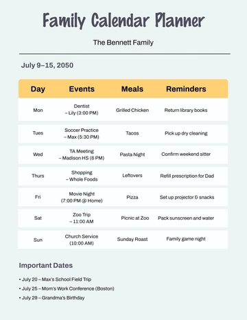 Free Modern Family Calendar Planner Template to Edit Online