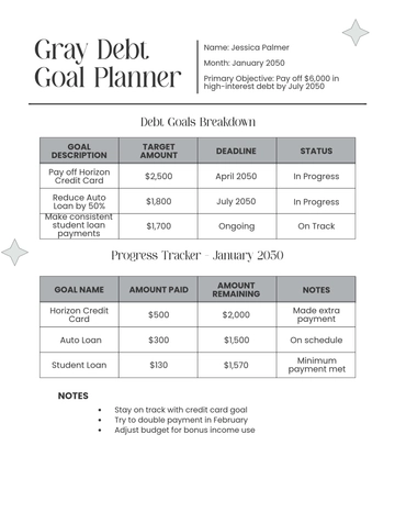 Free Gray Debt Goal Planner Template to Edit Online