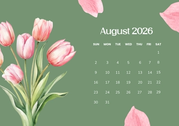 Free Pink Green August 2026 Calendar Template to Edit Online
