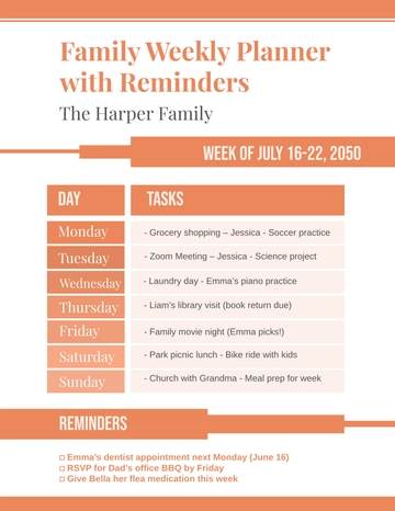 Free Family Planner with Reminders Template to Edit Online