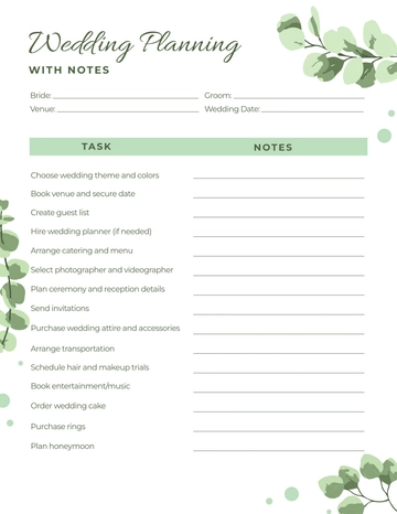 Free Wedding Planning with Notes Template to Edit Online