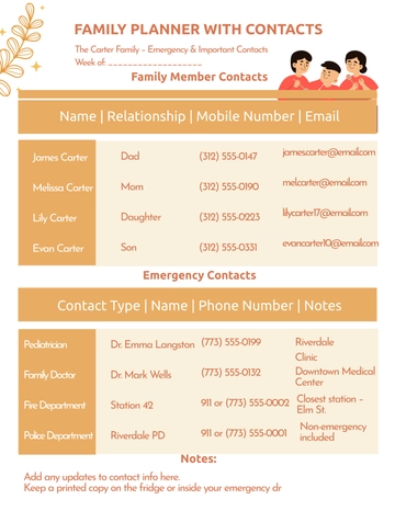Free Family Planner with Contacts Template to Edit Online