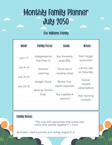 Free Simple Monthly Family Planner Template to Edit Online