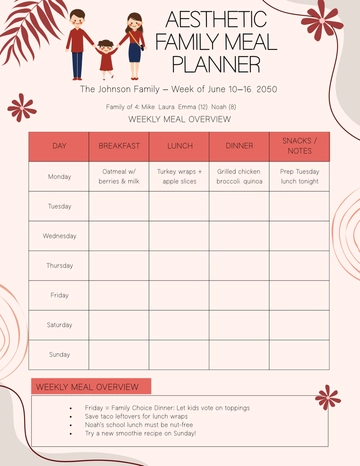 Free Aesthetic Family Meal Planner Template to Edit Online