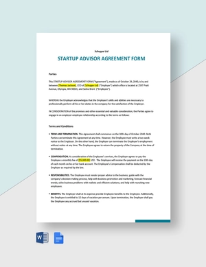 Startup Advisor Agreement Form Template
