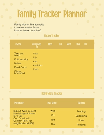Free Yellow Family Tracker Planner Template to Edit Online