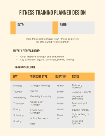 Free Fitness Training Planner Design Template to Edit Online
