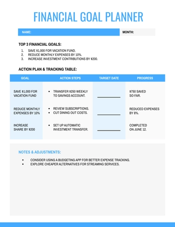 Free Blue Financial Goal Planner Template to Edit Online