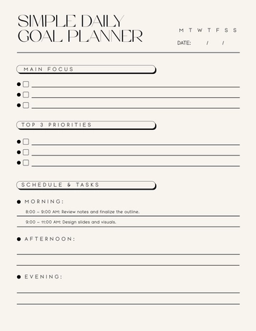 Free Simple Daily Goal Planner Template to Edit Online
