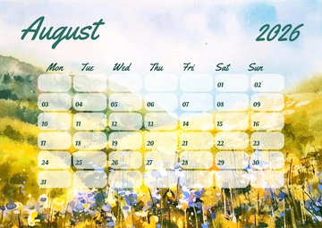 Free Watercolor Design August Calendar Template to Edit Online