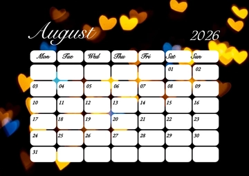 Free Heart Bokeh August 2026 Calendar Template to Edit Online