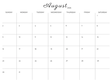 Free Creative  Luxury August 2026 Calendar Template to Edit Online