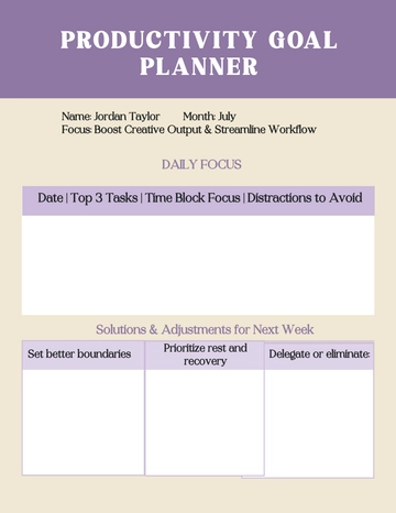 Free Productivity Goal Planner Template to Edit Online