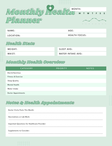 Free Monthly Health Planner Template to Edit Online