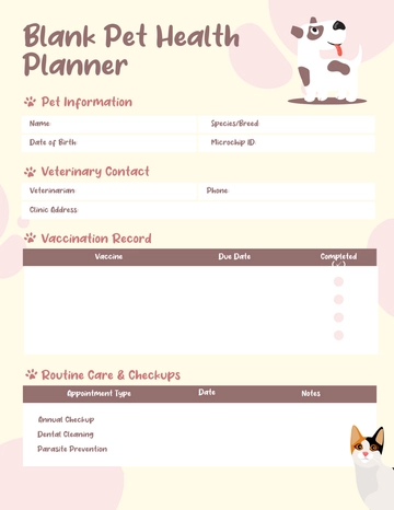 Free Blank Pet Health Planner Template to Edit Online