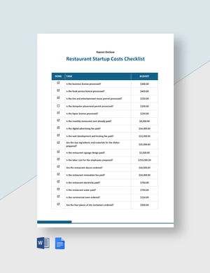 Restaurant Startup Costs Checklist Template