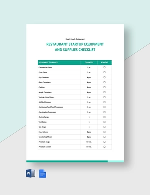 Restaurant Startup Equipment and Supplies Checklist Template
