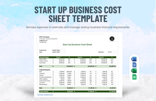 Start Up Business Cost Sheet Template