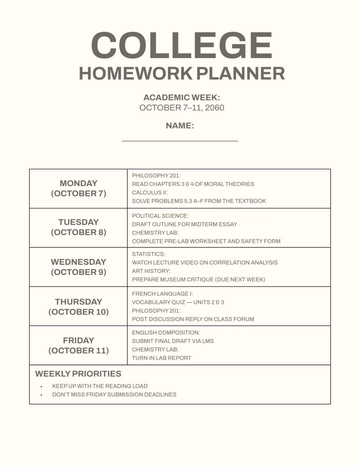 Free College Homework Planner Template to Edit Online