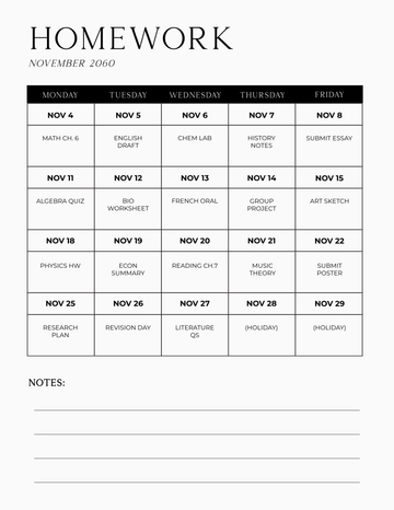 Free Homework Calendar Planner Template to Edit Online