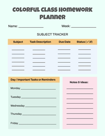 Free Colorful Class Homework Planner Template to Edit Online