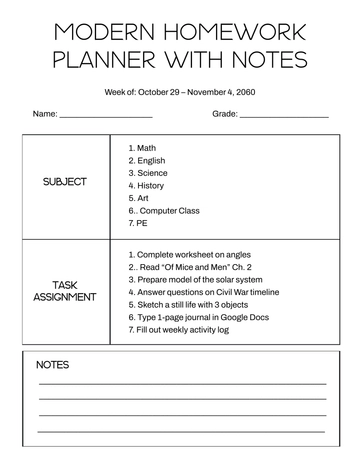 Free Modern Homework Planner with Notes Template to Edit Online
