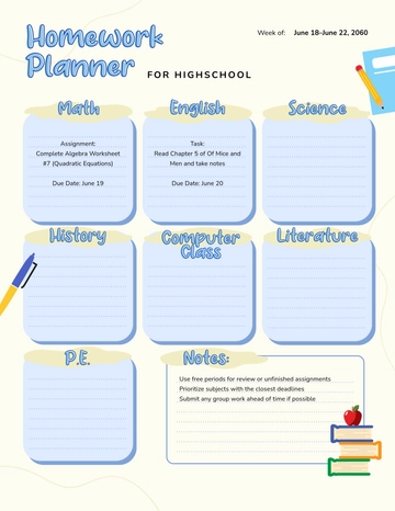 Free Homework Planner for Highschool Template to Edit Online
