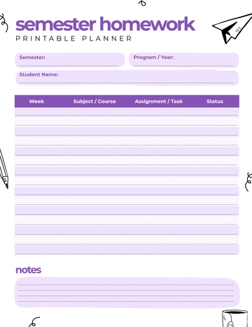 Free Semester Homework Printable Planner Template to Edit Online