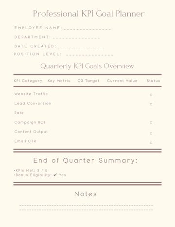 Free Professional KPI Goal Planner Template to Edit Online