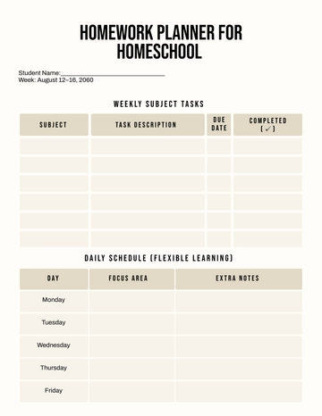 Free Homework Planner for Homeschool Template to Edit Online