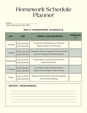 Free Homework Schedule Planner Template to Edit Online