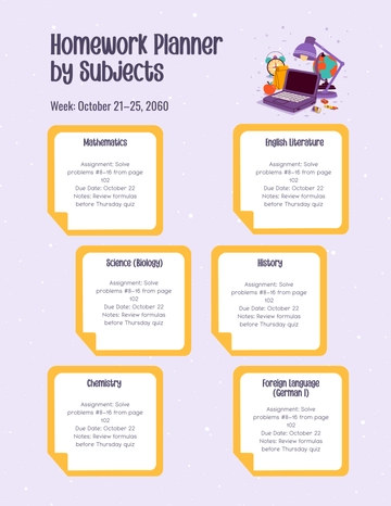 Free Homework Planner by Subjects Template to Edit Online