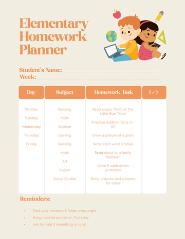 Free Elementary Homework Planner Template to Edit Online