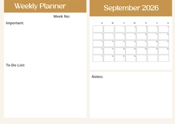 Free September 2026 Calendar with Weekly Plan Template to Edit Online