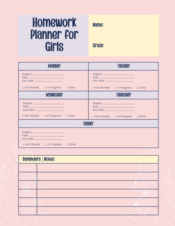 Free Homework Planner for Girls Template to Edit Online