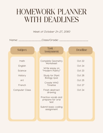 Free Homework Planner with Deadlines Template to Edit Online