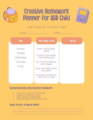 Free Creative Homework Planner for ASD Child Template to Edit Online