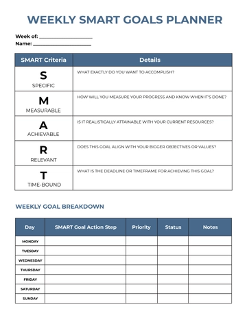 Free Weekly SMART Goals Planner Template to Edit Online