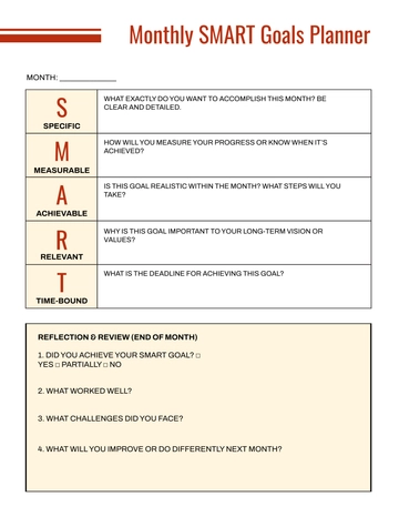 Free Monthly SMART Goals Planner Template to Edit Online
