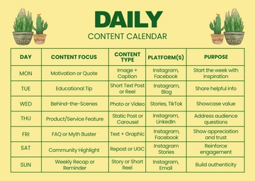 Free Simple Daily Content Calendar Template to Edit Online