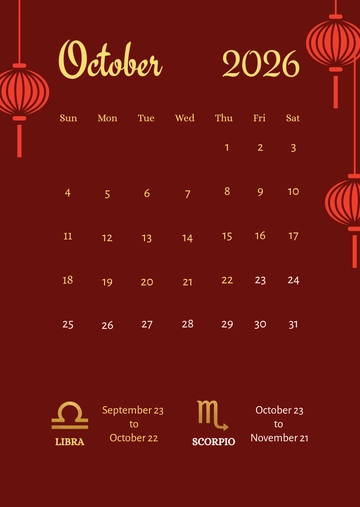 Free October 2026 Calendar with Zodiac Sign Template to Edit Online
