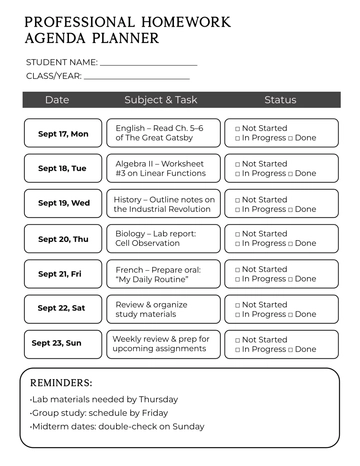 Free Professional Homework Agenda Planner Template to Edit Online
