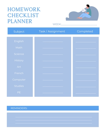 Free Blue Homework Checklist Planner Template to Edit Online