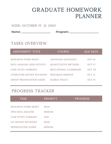 Free Graduate Homework Planner Template to Edit Online
