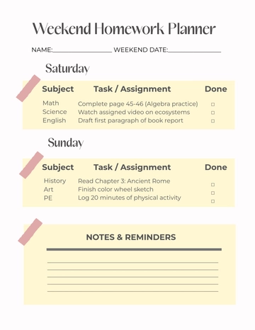 Free Weekend Homework Planner Template to Edit Online