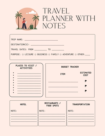 Free Travel Planner with Notes Template to Edit Online